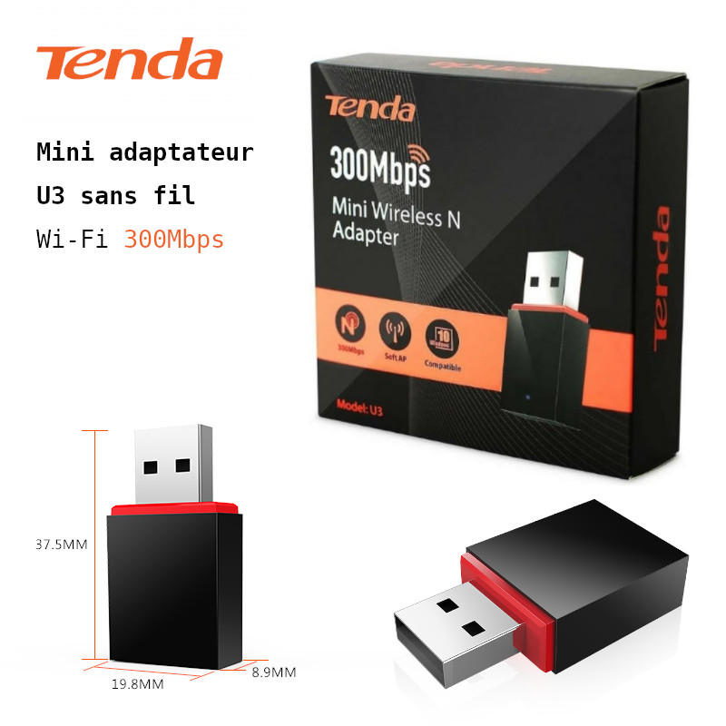 Tenda U6 Adaptateur WiFi USB sans fil portable 300 Mbps Récepteur externe  Carte réseau avec antenne externe 6 dBi (Noir)