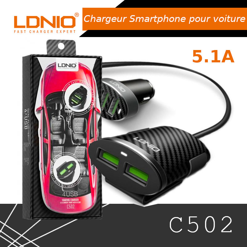 Chargeur Smartphone pour voiture 5.1A LDNIO C502 4*USB - CAPMICRO