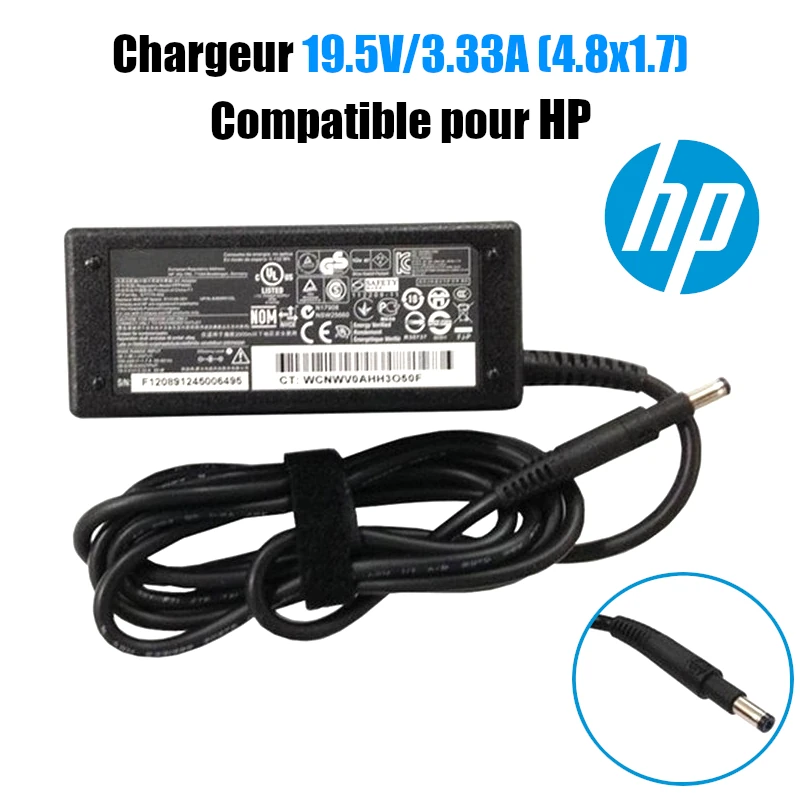 CHARGEUR PC PORTABLE HP 4.8 mm - 1.7 19.5V 3.33A