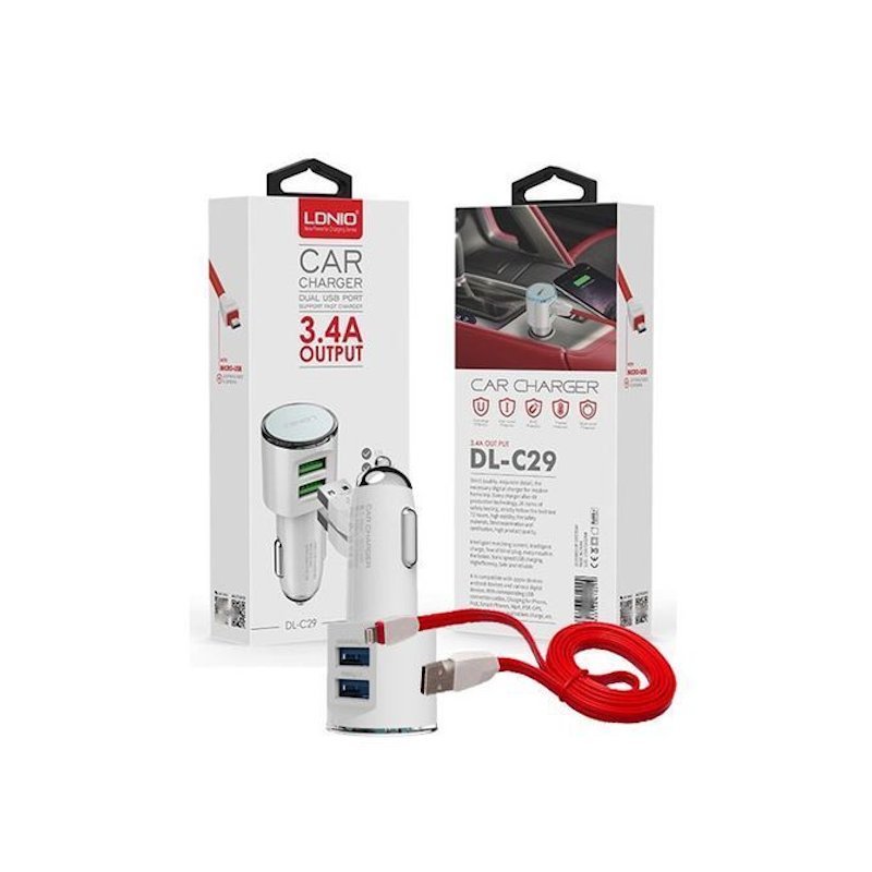 Chargeur Auto Ldnio 3.4A 2xUSB + Cable Data Type-C