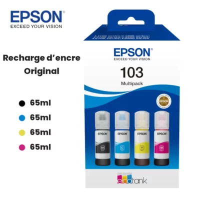 Pack de 4 bouteilles recharge encre d'origine Epson 103 pour imprimante EcoTank Algérie